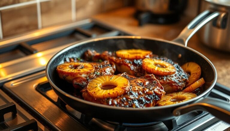 cooking smoked pork chops with pineapple on stove