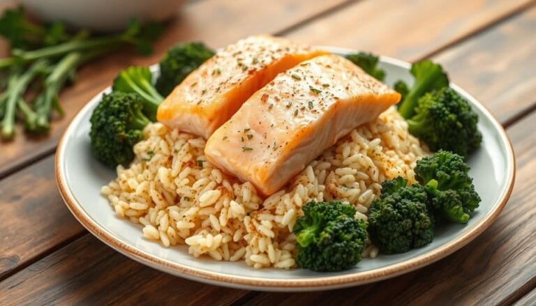 salmon rice pilaf with broccoli rabe description