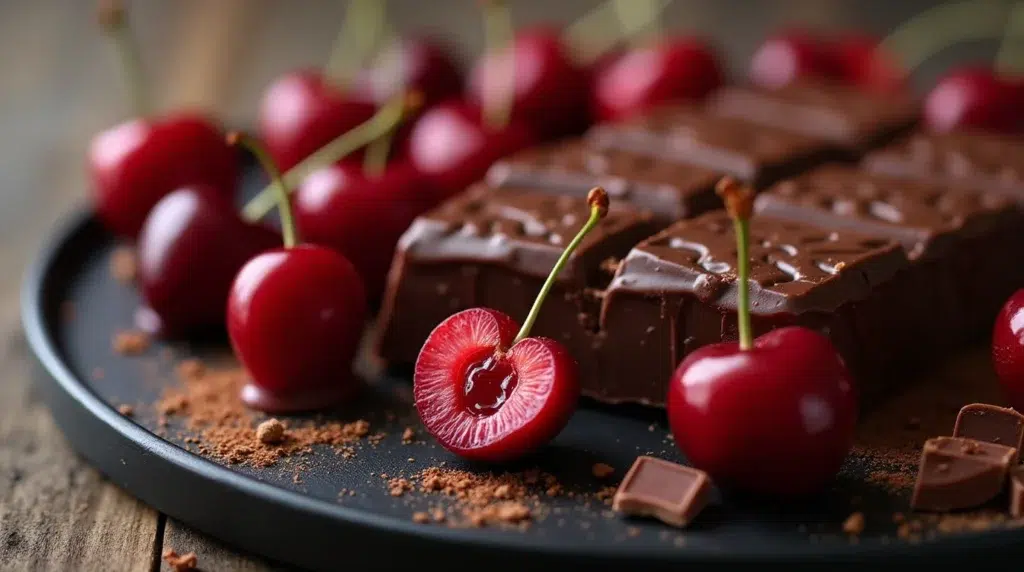 Artistic photograph featuring vibrant red cherries—some whole and some halved to reveal their juicy interiors—paired with glossy dark chocolate pieces arranged on a contrasting surface, accented with a subtle dusting of cocoa powder and delicate chocolate curls, all illuminated by soft natural light.