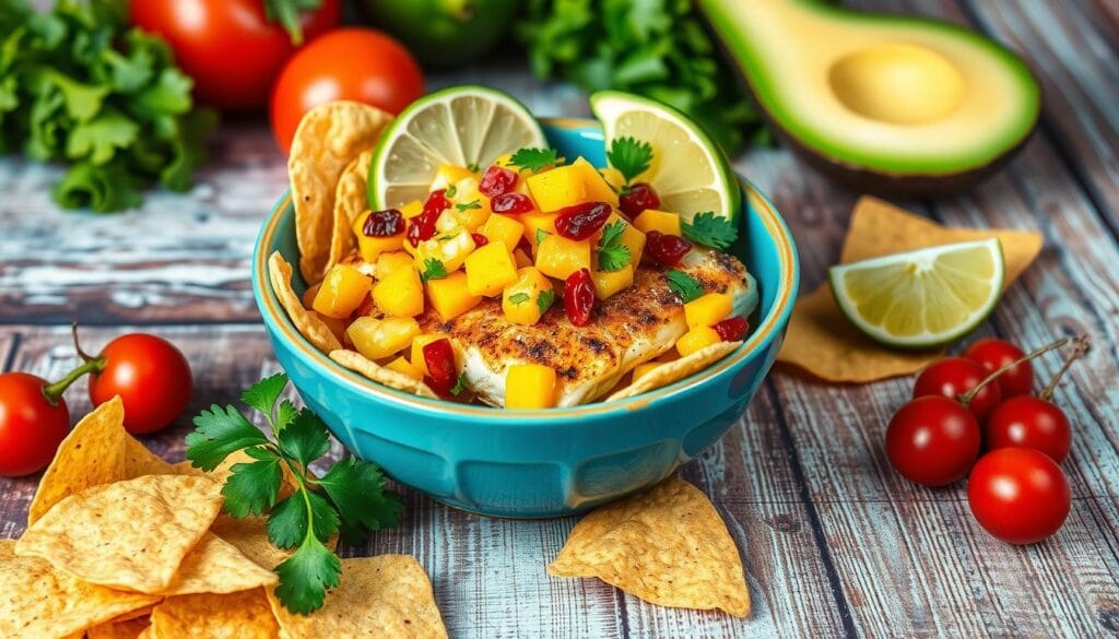 fish taco bowls with dried fruit salsa