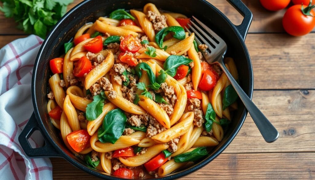 one-pot ground turkey pasta skillet