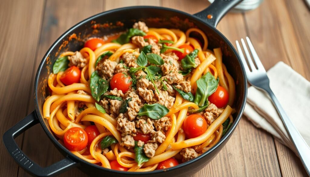 one-pot ground turkey pasta skillet