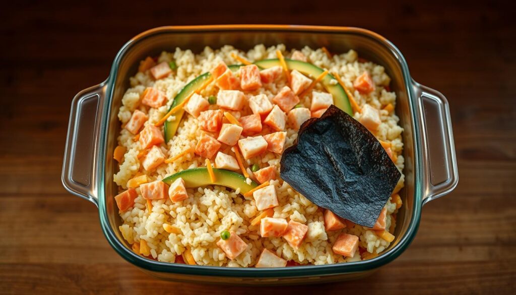 sushi casserole layers in a baking dish