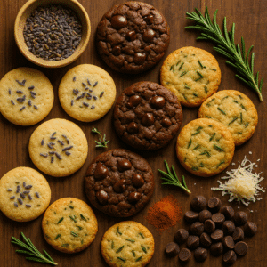 Flat lay of assorted unique cookies: Lavender shortbread, Spicy Chocolate Chili, and Parmesan Rosemary, arranged with key ingredients like lavender buds and chili powder.