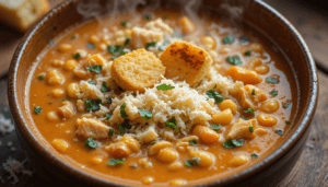 A bowl of Creamy Chicken Parmesan Soup
