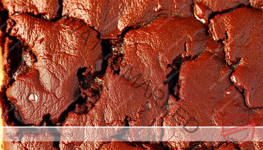A close-up, detailed view of a fresh, homemade brownie, its surface a rich, fudgy texture. The brownie is glistening with a thin, glossy sheen, as if just removed from the oven. The edges are slightly crinkled, while the center is dense and moist. Warm lighting from above casts soft shadows, emphasizing the inviting, decadent appearance. The image conveys the irresistible, indulgent nature of these brownies made with creamy, sweet condensed milk, enticing the viewer to imagine the deep, chocolatey flavor and satisfying bite.