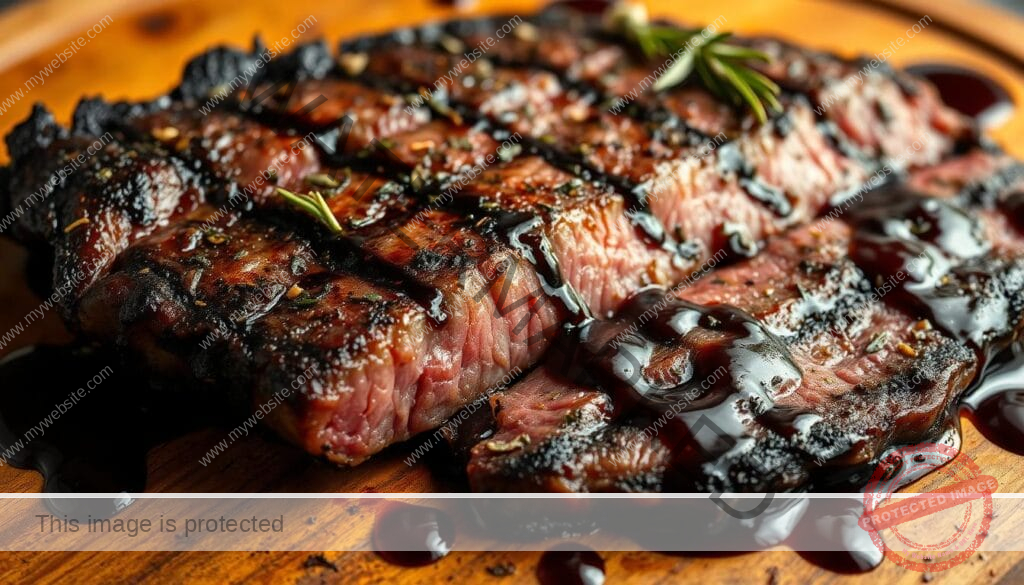 A close-up shot of a perfectly grilled thin steak, glistening with a dark, shimmering balsamic glaze. The meat is seared to a deep, caramelized brown on the outside, while still juicy and pink on the inside. Aromatic herbs like rosemary and thyme are sprinkled over the top, adding layers of earthy, fragrant flavor. The steak is arranged on a rustic wooden board, with a few scattered drops of the rich, syrupy balsamic reduction decorating the surface. Soft, natural lighting casts warm, golden tones across the scene, highlighting the tender texture of the meat and the complex interplay of flavors.