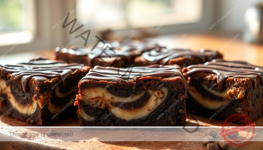 A delectable close-up of freshly baked sweetened condensed milk brownies, with a rich, fudgy texture and a glossy, chocolate-drizzled top. The brownies are arranged on a rustic wooden board, casting warm, soft shadows and illuminated by natural, diffused lighting from an overhead window. The composition highlights the enticing, gooey interior and the contrast between the dark brownie crust and the lighter condensed milk swirls. Subtle hints of cocoa powder and a sprinkle of powdered sugar add depth and visual interest, creating an irresistible and appetizing scene.