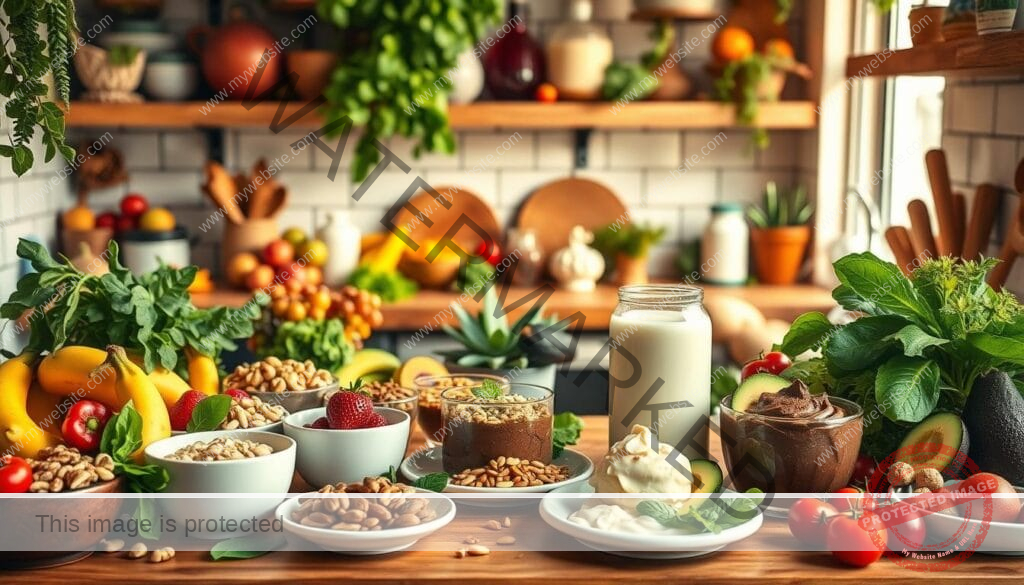 A lush, vibrant kitchen counter bursting with an array of dairy-free recipe ingredients. In the foreground, artfully arranged bowls and plates showcase an assortment of fresh produce, nuts, seeds, and plant-based milk alternatives. The middle ground features a variety of dairy-free desserts, from creamy cashew-based puddings to decadent chocolate avocado mousse. Bathed in warm, golden light, the scene evokes a sense of nourishment and culinary creativity. The overall atmosphere is one of wholesome indulgence, perfectly reflecting the "Unmatched Quality and Flavor in Every Sip" of the pulp smoothies featured in the article.