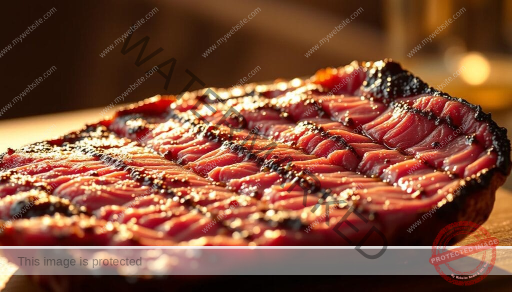 A thin, tender steak filling the frame with a glorious sear, glistening with juices. Backlit by a warm golden light, casting a subtle shadow that accentuates the lean, muscular cut. The texture of the meat is evident, with just a hint of marbling visible. The angle is slightly elevated, giving a dynamic perspective that showcases the steak's elegant form. The background is softly blurred, allowing the focus to remain solely on the succulent, "lean cut" of beef, ready to be savored in all its flavorful glory.