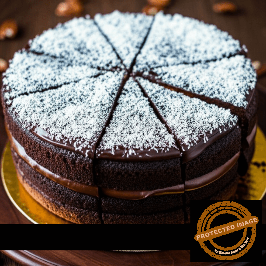 Slice of German chocolate cake showing its unique layered coconut-pecan frosting, moist chocolate cake, and distinct textured appearance.