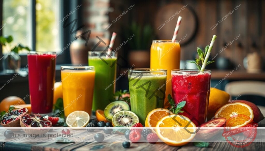 Handcrafted fruit drinks, a vibrant still life showcasing fresh, ripe produce. In the foreground, a variety of juices and smoothies - ruby red pomegranate, emerald green kiwi, and golden mango - arranged artfully on a rustic wooden table. Scattered around, sliced citrus fruits, berries, and leafy greens add pops of color and texture. Warm, diffused lighting from a nearby window casts a soft glow, highlighting the natural goodness of these homemade treats. The overall scene radiates a sense of wholesome, garden-fresh vitality, inviting the viewer to savor the freshness of these pulp-rich smoothies.