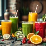Handcrafted fruit drinks, a vibrant still life showcasing fresh, ripe produce. In the foreground, a variety of juices and smoothies - ruby red pomegranate, emerald green kiwi, and golden mango - arranged artfully on a rustic wooden table. Scattered around, sliced citrus fruits, berries, and leafy greens add pops of color and texture. Warm, diffused lighting from a nearby window casts a soft glow, highlighting the natural goodness of these homemade treats. The overall scene radiates a sense of wholesome, garden-fresh vitality, inviting the viewer to savor the freshness of these pulp-rich smoothies.