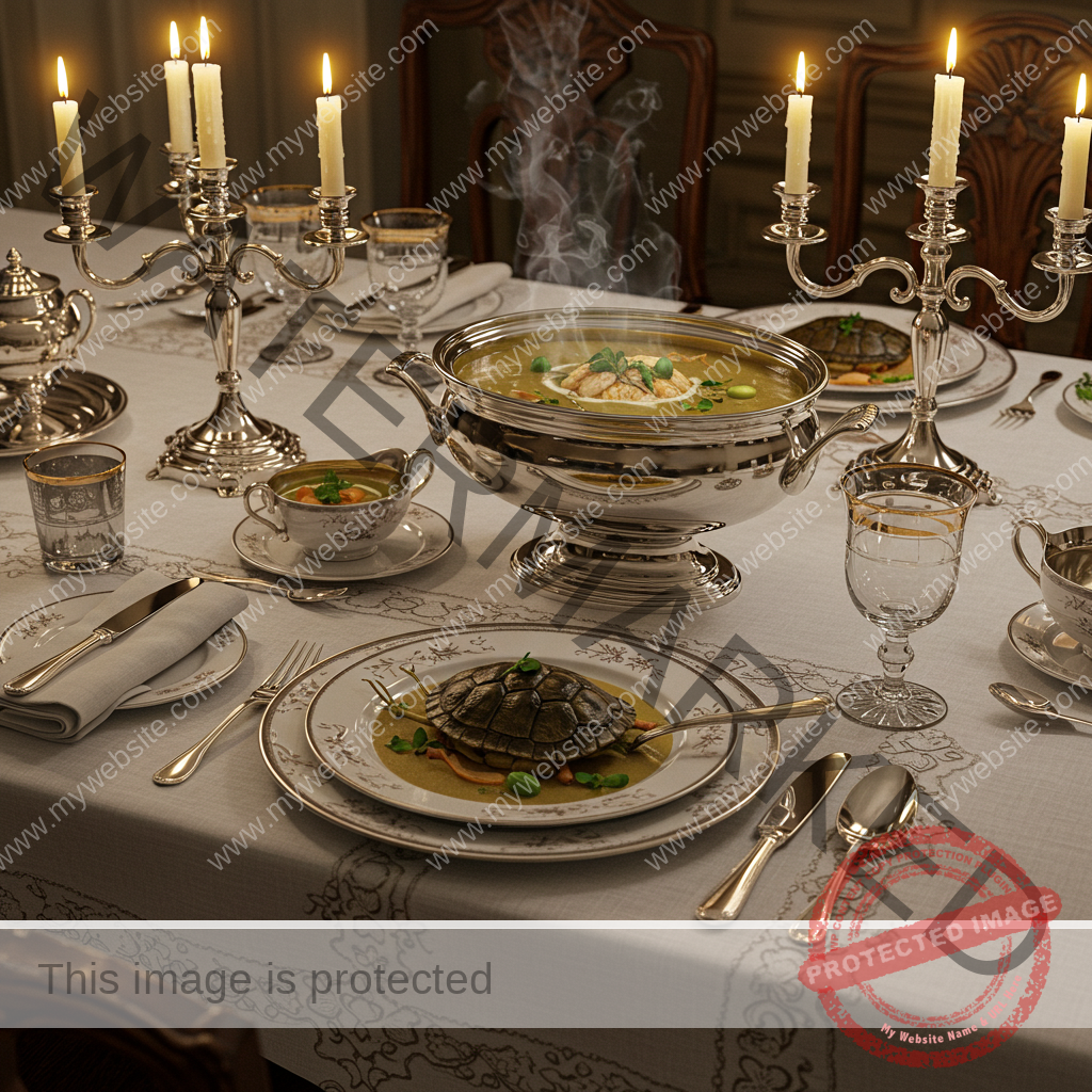 A meticulously detailed, high-resolution image of a Victorian-era dinner table setting, bathed in the warm, flickering candlelight of ornate silver candlesticks. A grand silver tureen filled with steaming mock turtle soup is the centerpiece, surrounded by gleaming silverware, crystal glasses, and fine china plates. The crisp white tablecloth is adorned with intricate lace and embroidered detailing, enhancing the scene's opulence and refinement. The polished silverware reflects the candlelight, creating a sense of depth and intrigue. The composition is balanced, with the tureen as the focal point, emphasizing the richness and extravagance of the Victorian-era dining culture.