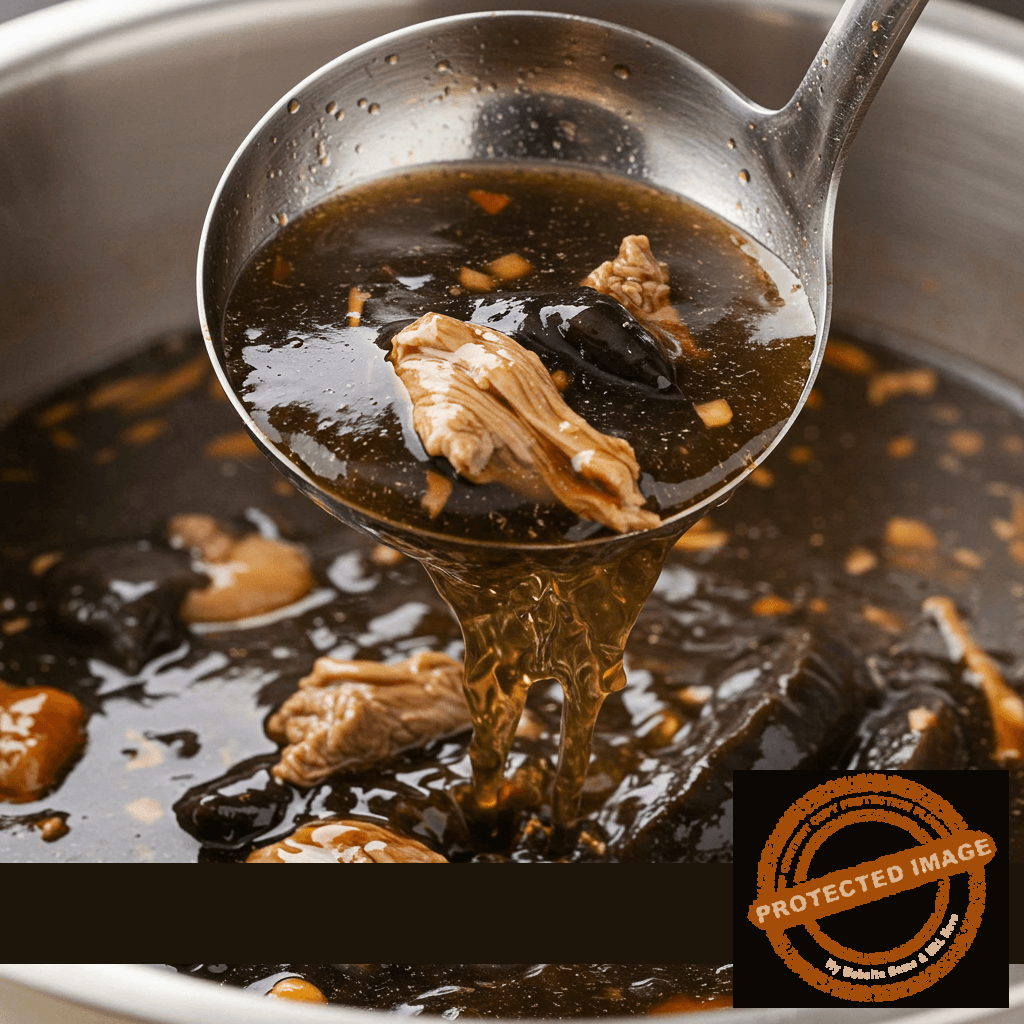 A detailed close-up capturing the moment a polished silver ladle pours a generous serving of mock turtle soup, showcasing its unique and complex color and texture. The soup's dark, almost black-brown hue is illuminated, revealing subtle hints of finely chopped vegetables like mushrooms and carrots, as well as small pieces of tender meat, creating a sense of depth and richness. The glistening surface of the soup is emphasized by the light, making it appear inviting and flavorful. Captured in a high-quality, still-life photography style, this image offers a visually stimulating exploration of the culinary aspects of mock turtle soup, highlighting its depth and complexity.
