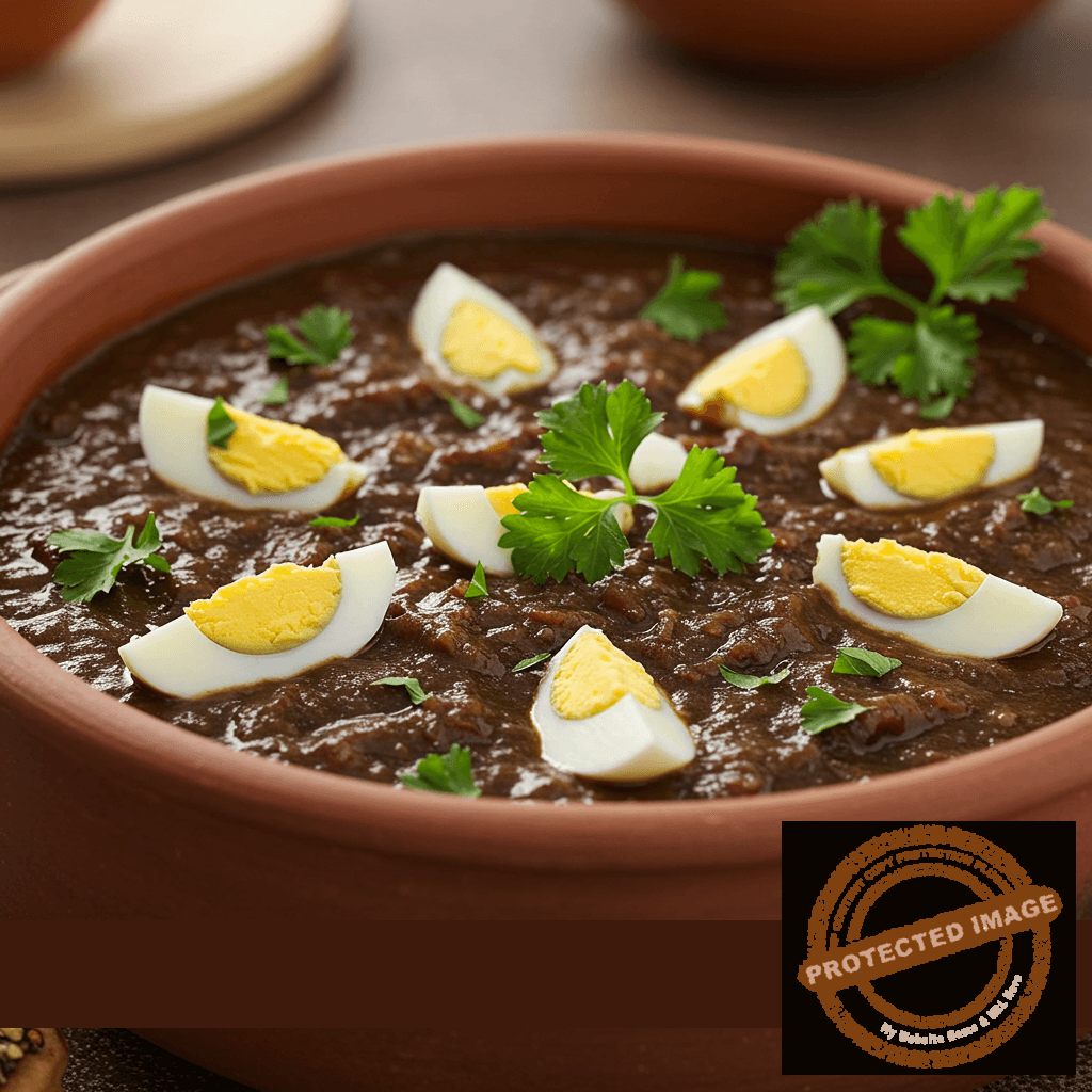 A warm, inviting side view captures a rustic stoneware bowl filled with a rich, dark brown homemade mock turtle soup, glistening under soft lighting. Scattered across the surface, chopped hard-boiled eggs and vibrant green parsley offer a bright contrast to the deep hues. The bowl is subtly nestled against a blurred kitchen background, emphasizing a homely ambiance. The warm color palette, intricate texture details, and soft lighting create a cozy scene, suggesting a hearty, traditional meal ideal for a cold evening.